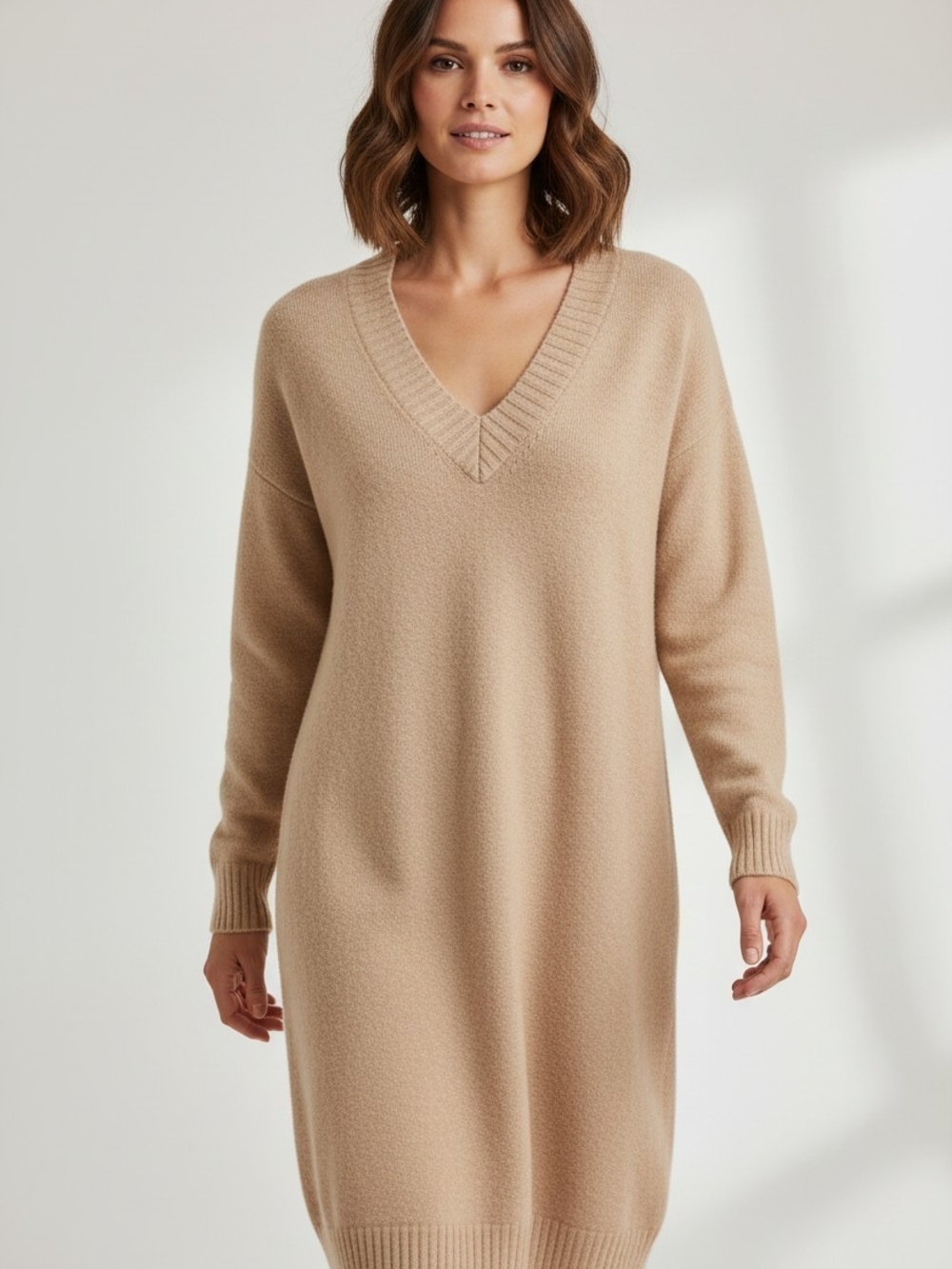 Nordstrom Camel V-Neck Longline Sweater Dress